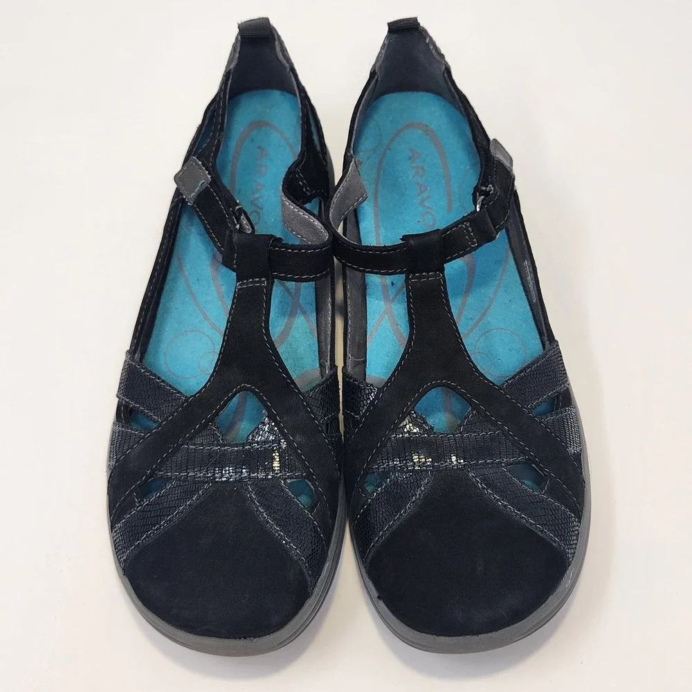 Aravon Womens Black Nubuck Leather Beaumont Fisherman Sandals Size 7.5 B Comfort